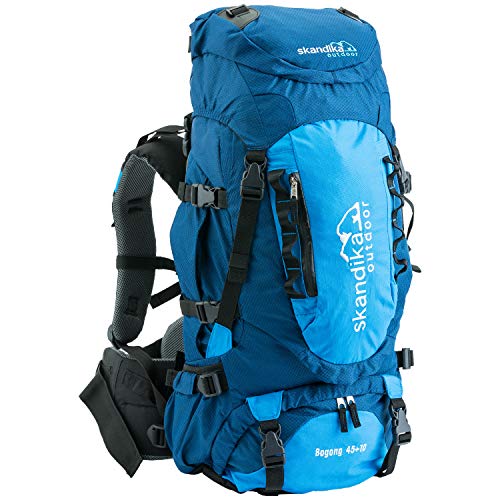skandika Bogong Trekking-Rucksack 45/65 Liter wasserdicht mit Regenhülle, Hüftgurt, Signalpfeife (Bogong 45+10 (Marineblau/blau))