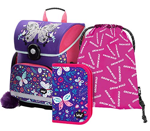 Schulranzen Mädchen Set 3 Teilig - Schultasche ab 1. Klasse - Grundschule Ranzen mit Brustgurt - Ergonomischer Schulrucksack (Schmetterling) Schulranzen Mädchen Set 3 Teilig - Schultasche ab 1. Klasse - Grundschule Ranzen mit Brustgurt - Ergonomischer Schulrucksack (Schmetterling)