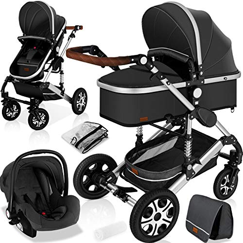 KESSER® Loops 3in1 Kinderwagen Kombikinderwagen Komplett-Set inkl. Babywanne & Buggy Sportsitz & Auto-Babyschale Voll-Gummireifen Wickeltasche Regenschutz Kindertisch ECE R129 Asphalt Grau/Silber