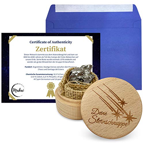 Makai echter Meteorit Sternschnuppe mit Echtheits-Zertifikat Geschenkkarte Box individueller personalisierbarer Karte mit Widmung (mit Holzbox und Zertifikat)