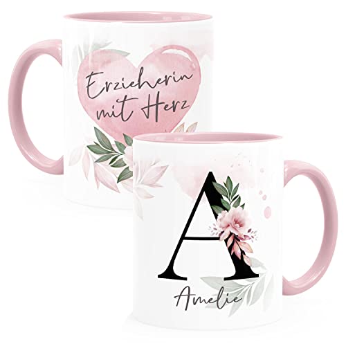 SpecialMe® Kaffee-Tasse mit Name und Spruch mit Herz Initiale Monogramm Dankeschön personalisierte Geschenke Erzieherin rosa Keramik-Tasse