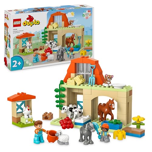 LEGO DUPLO Town Tierpflege auf dem Bauernhof, Spielzeug für Kinder ab 2 Jahre, mit Bauernhoftiere-Figuren für Rollenspiele, darunter Pferd, Kuh und Schaf, Lernspielzeug für Mädchen und Jungen 10416
